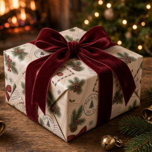 Vintage North Pole Mail Envelope Burgundy Bow Wrapping Paper