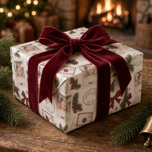 Vintage North Pole Mail Photo Collage Burgundy Bow Wrapping Paper