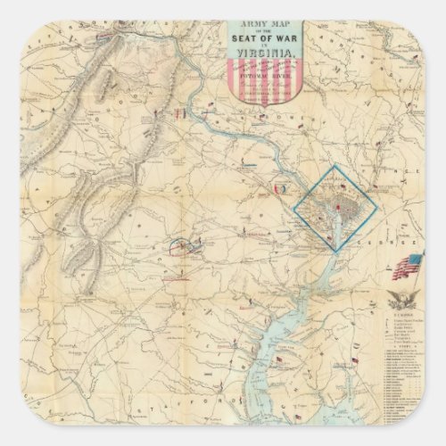 Vintage Northern Virginia Civil War Map 1862 Square Sticker