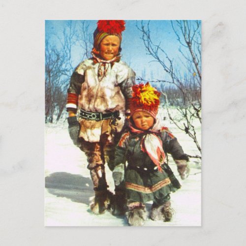 Vintage Norway Lapland Sami children in the snow Postcard