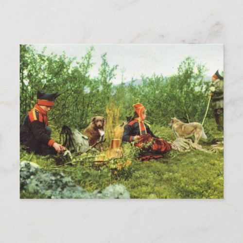 Vintage Norway Lapland Sami family fireside Postcard