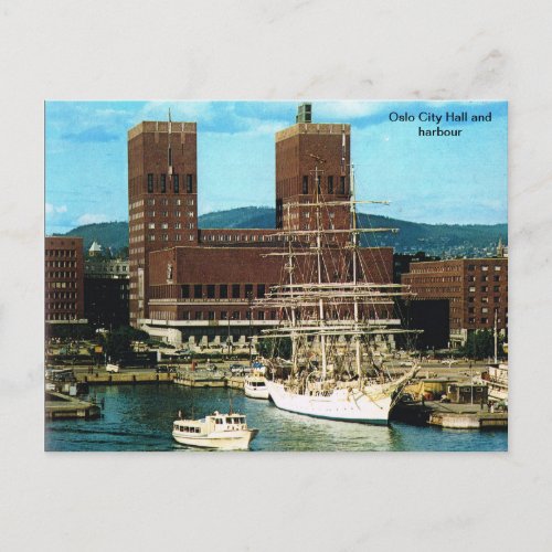 Vintage Norway  Oslo City CHall and harbour Postcard
