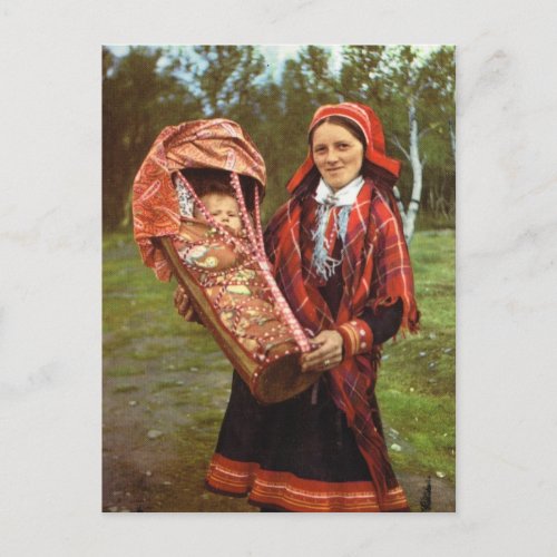 Vintage Norway Sami mother and baby Lapland Postcard
