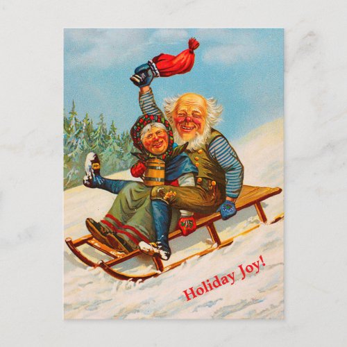 Vintage Norwegian Christmas Couple Sledding copy Holiday Postcard