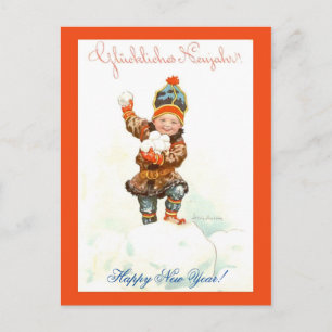 Vintage Norwegian New Year Boy with Snowballs Nice Postcard