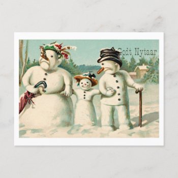 Vintage Norwegian New Year's With Snowman Family Postcard by SayWhatYouLike at Zazzle