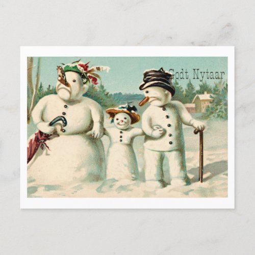 Vintage Norwegian New Years with snowman family Postcard