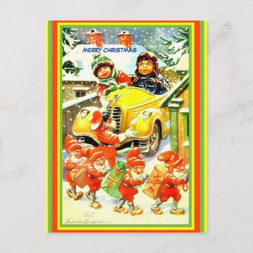 Vintage Norwegian Vintage Tomte Old Car Kids cpy Postcard