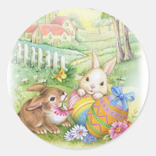 Vintage nostalgic Easter bunnies Classic Round Sticker
