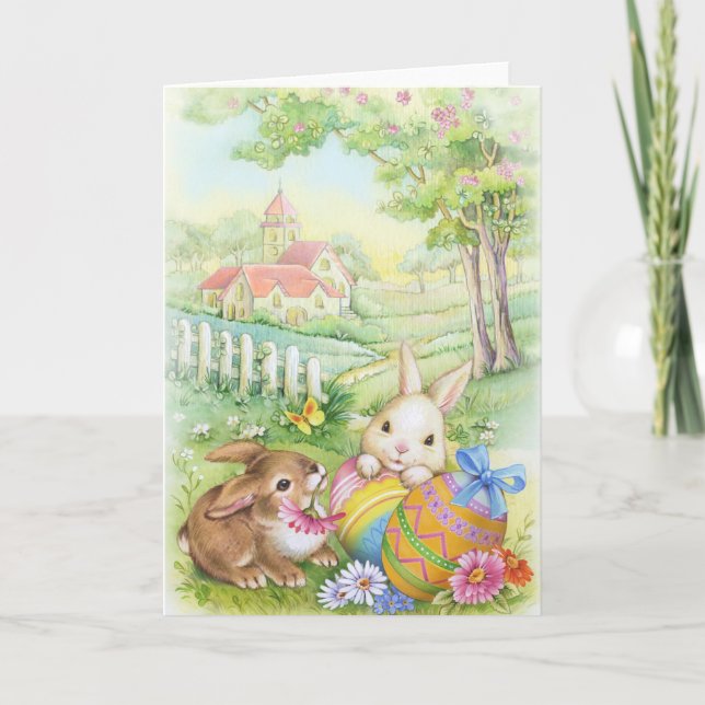 Vintage, nostalgic Easter bunnies Holiday Card (Front)