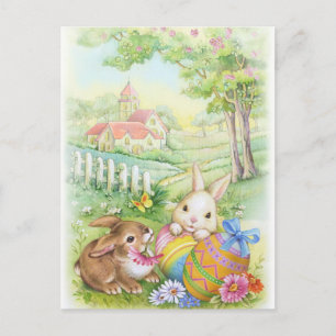 Vintage, nostalgic Easter bunnies Holiday Postcard