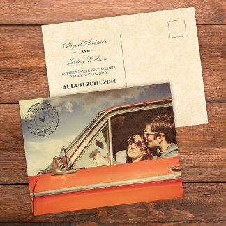 Vintage nostalgic wedding invitation postcard