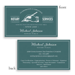 Vintage Notary Services Professional Teal Custom Business Card