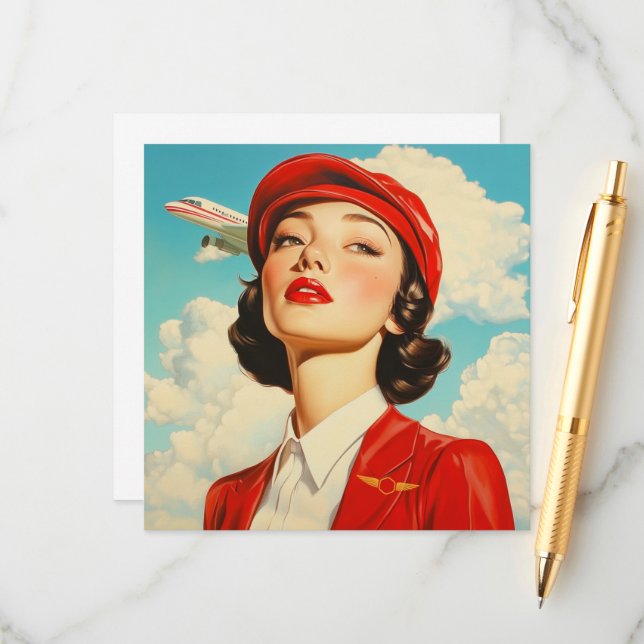 Vintage Note Card with Stewardess and Airplane (Front/Back In Situ)
