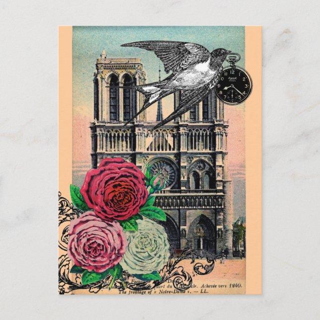 Vintage Notre Dame, Swallow, Roses, Collage Postcard (Front)