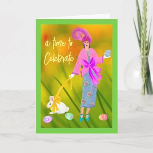 Vintage Nouveau Lady with Bunny Greeting Card