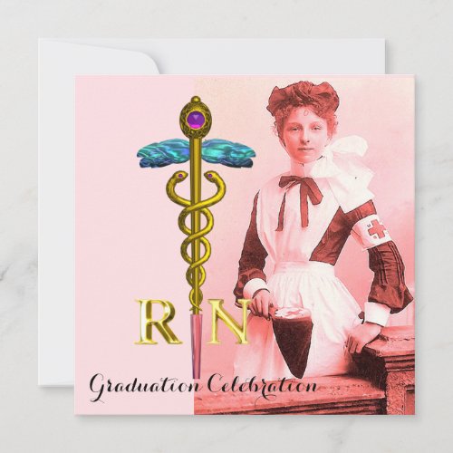 VINTAGE NURSE and Gold Caduceus Emblem Graduation Invitation