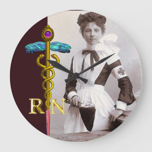 VINTAGE NURSE and Gold Caduceus NR Emblem Large Clock