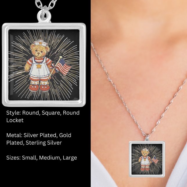 Vintage Nurse Bear Modern White Fireworks Square Silver Plated Necklace (Vintage Nurse Bear Modern White Fireworks Square Silver Plated Necklace)