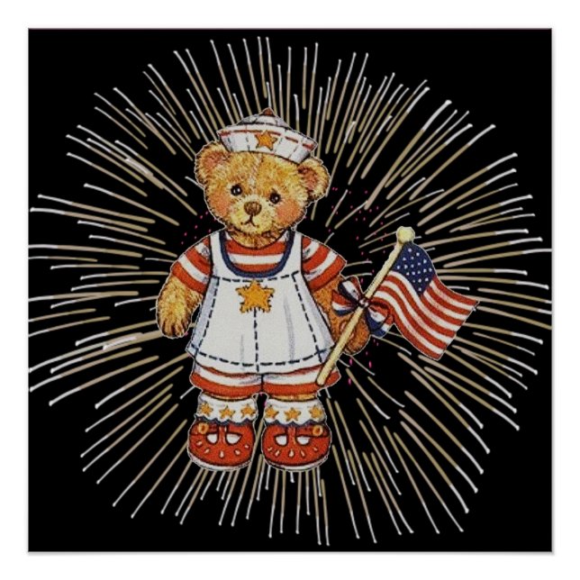 Vintage Nurse Bear Modern White Fireworks Value Poster (Front)