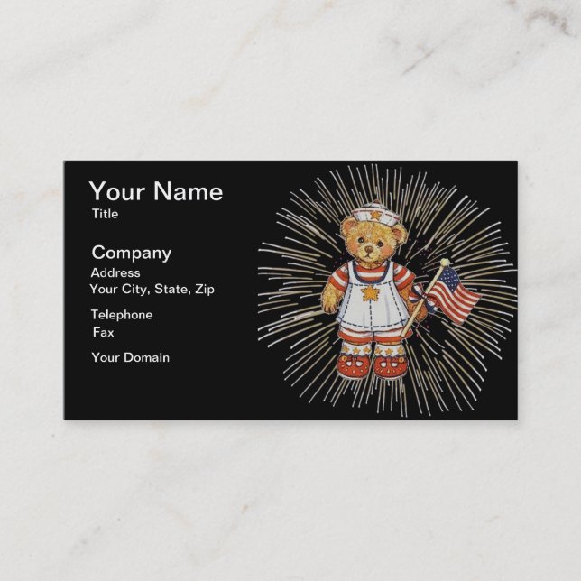 Vintage Nurse Bear with Modern White Fireworks Business Card (Front)