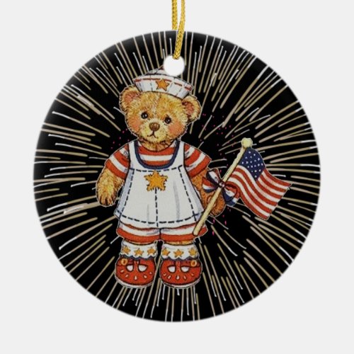 Vintage Nurse Bear with Modern White Fireworks Ceramic Ornament