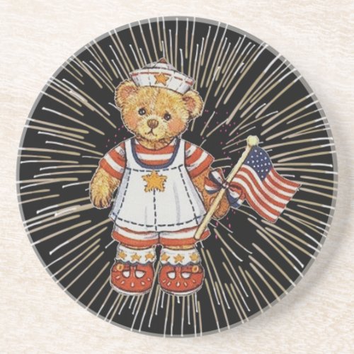Vintage Nurse Bear with Modern White Fireworks Coaster