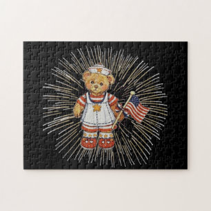 Vintage Nurse Bear with Modern White Fireworks Jigsaw Puzzle
