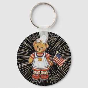 Vintage Nurse Bear with Modern White Fireworks Keychain