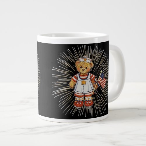 Vintage Nurse Bear with Modern White Fireworks Large Coffee Mug