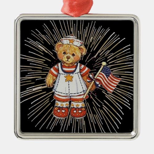 Vintage Nurse Bear with Modern White Fireworks Metal Ornament
