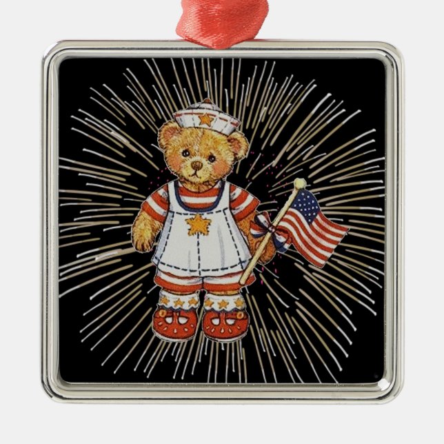 Vintage Nurse Bear with Modern White Fireworks Metal Ornament (Front)