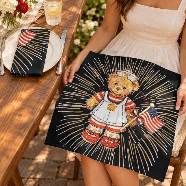 Vintage Nurse Bear with Modern White Fireworks Napkin (Vintage Nurse Bear with Modern White Fireworks Napkin)