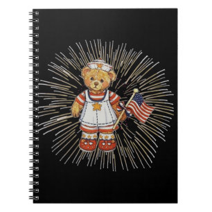 Vintage Nurse Bear with Modern White Fireworks Notebook