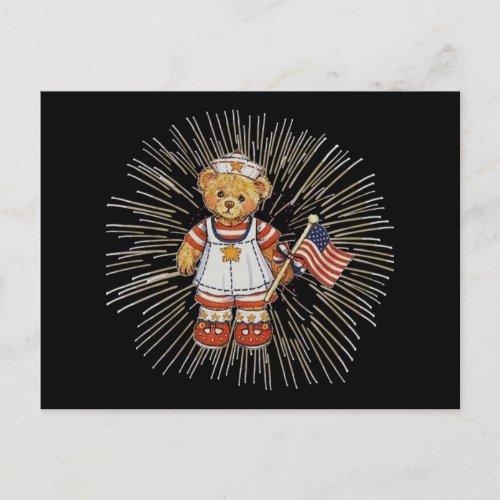 Vintage Nurse Bear with Modern White Fireworks Postcard