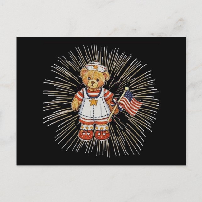 Vintage Nurse Bear with Modern White Fireworks Postcard (Front)