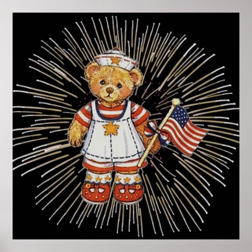 Vintage Nurse Bear with Modern White Fireworks Poster