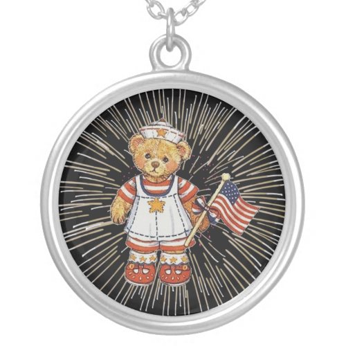 Vintage Nurse Bear with Modern White Fireworks Silver Plated Necklace