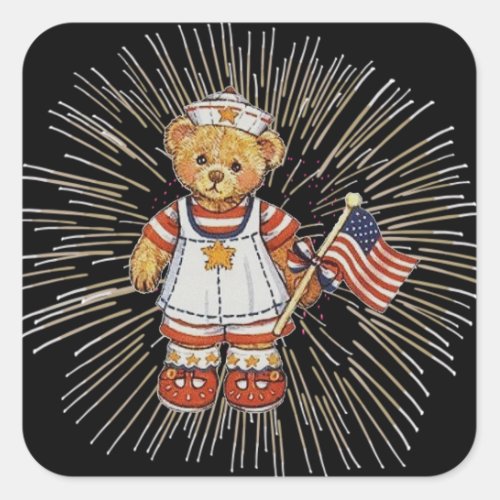 Vintage Nurse Bear with Modern White Fireworks Square Sticker