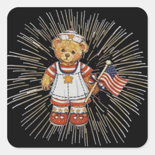 Vintage Nurse Bear with Modern White Fireworks Square Sticker
