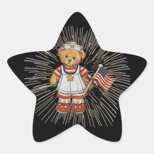 Vintage Nurse Bear with Modern White Fireworks Star Sticker
