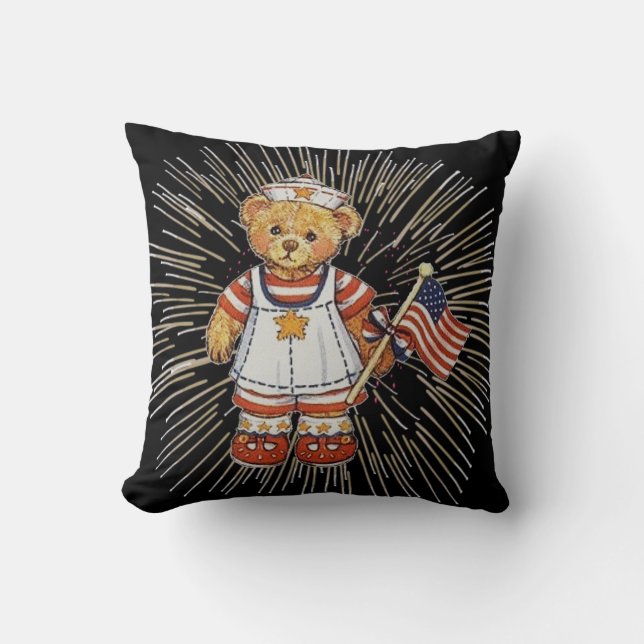 Vintage Nurse Bear with Modern White Fireworks Throw Pillow (Front)
