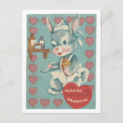 Vintage Nurse Bunny Valentine Holiday Postcard
