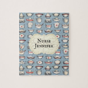 Vintage Nurse Caps on Blue Monogram Name Jigsaw Puzzle