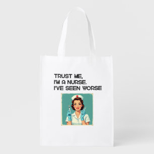 Vintage Nurse Illustration with Red Cape and Syrin Grocery Bag
