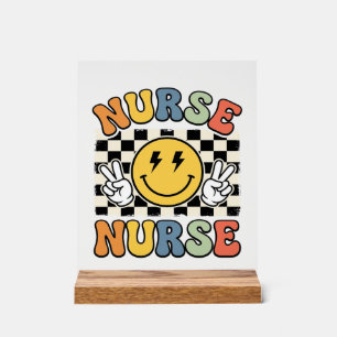 Vintage Nurse Smiley Checkerboard Shirt Design_1 Acrylic Sign
