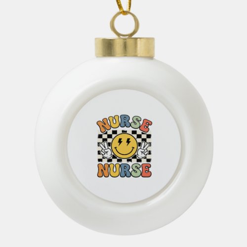 Vintage Nurse Smiley Checkerboard Shirt Design_1 Ceramic Ball Christmas Ornament