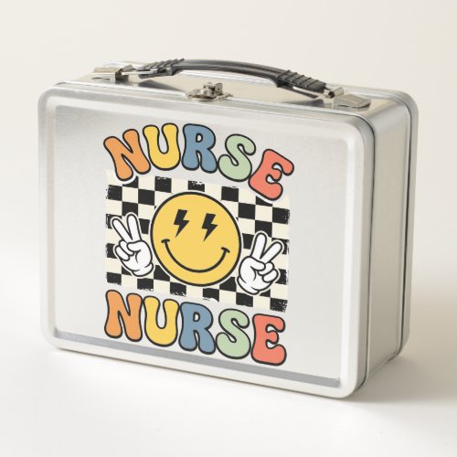 Vintage Nurse Smiley Checkerboard Shirt Design_1 Metal Lunch Box