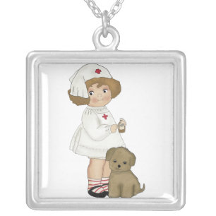 Vintage Nurse With Puppy T-shirts and Gifts Silver Plated Necklace