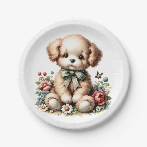 Vintage Nursery Boy Puppy Flower Paper Plates